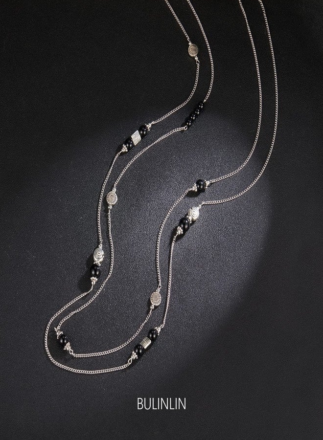 BULINLIN Layered Silver Long Necklace for Women Turquoise Stone Beaded Strand Sweater Chain Necklaces Fashion Costume Jewelry Gifts for Mom(Black) - Image 2